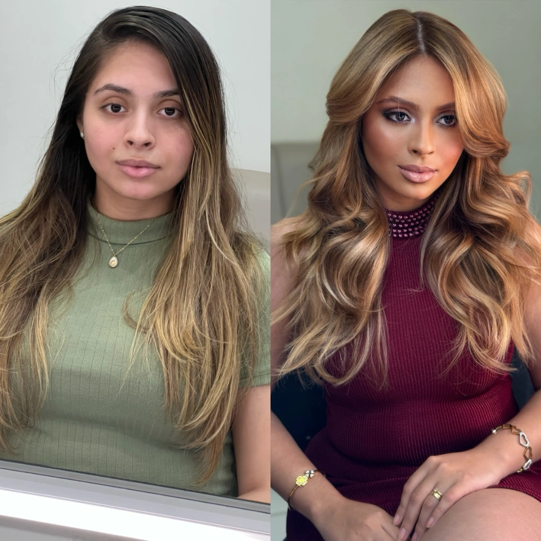 Comparação de cabelo castanho antes e depois de uma iluminação em tons de mel